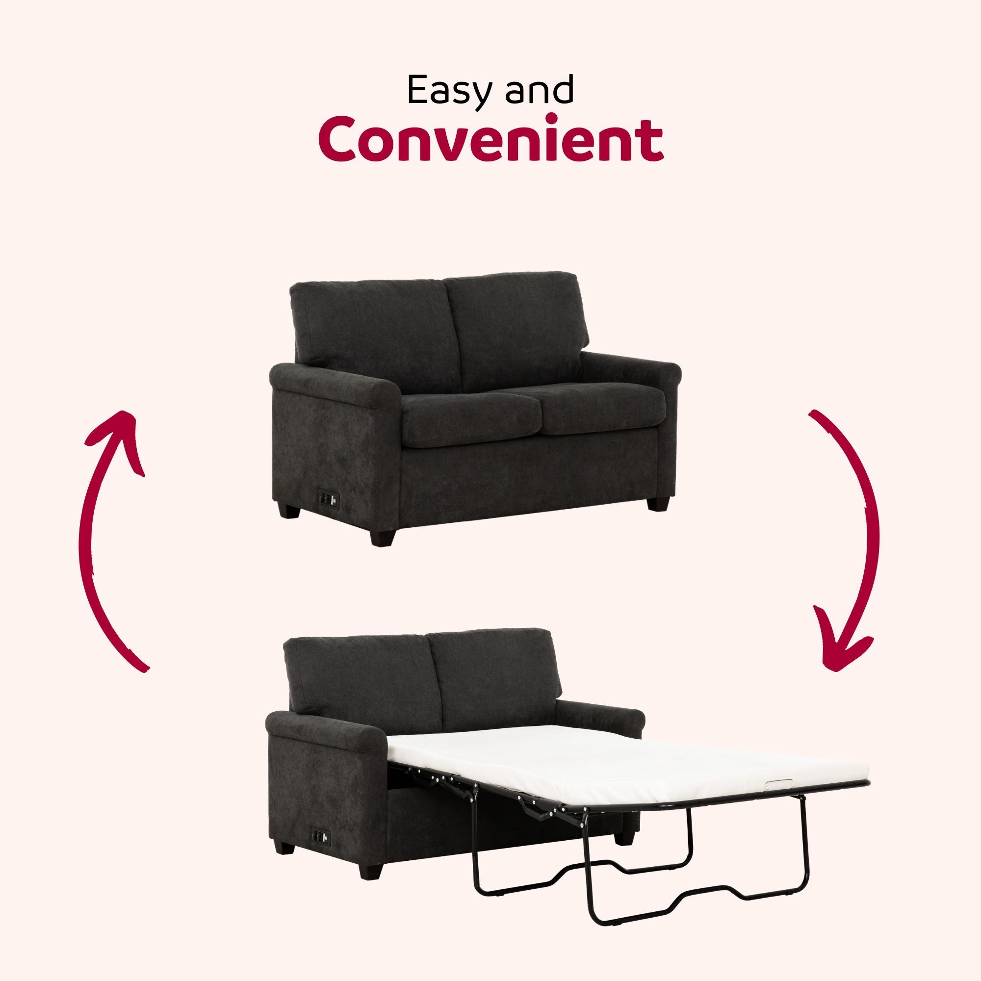 Convertible Twin Sleeper Sofa With USB Ports, 2 Seater Upholstered Loveseat - Dark Gray