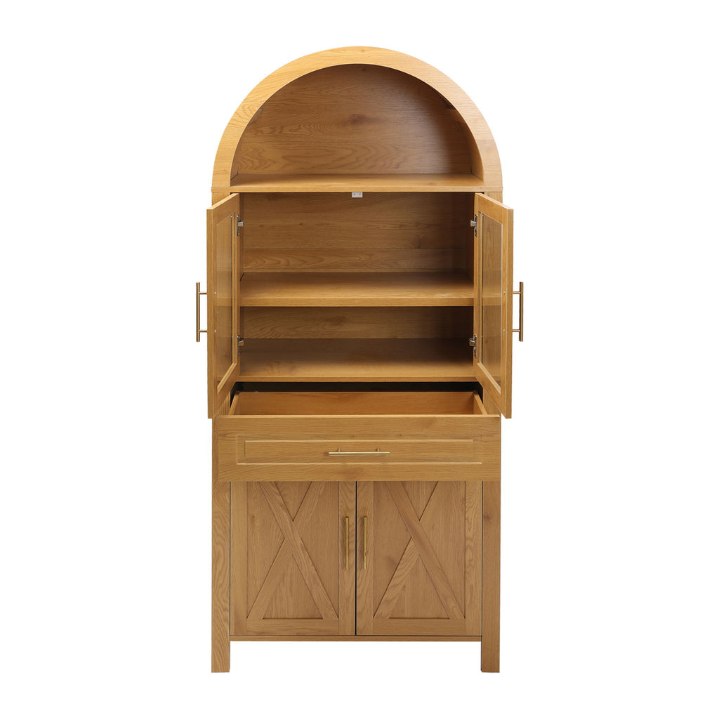 Arched Kitchen Pantry Cabinet With Adjustable Shelves And Barn Door Design