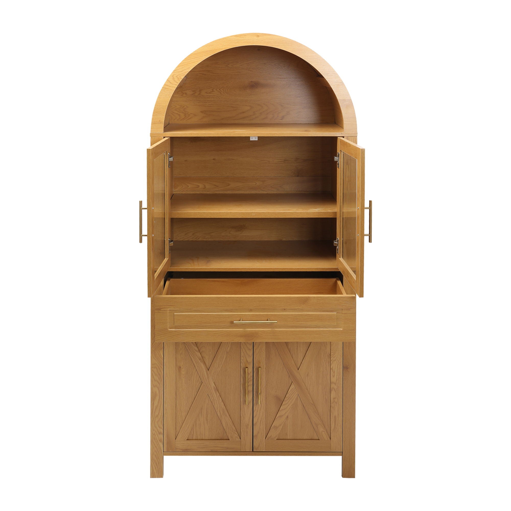 Arched Kitchen Pantry Cabinet With Adjustable Shelves And Barn Door Design
