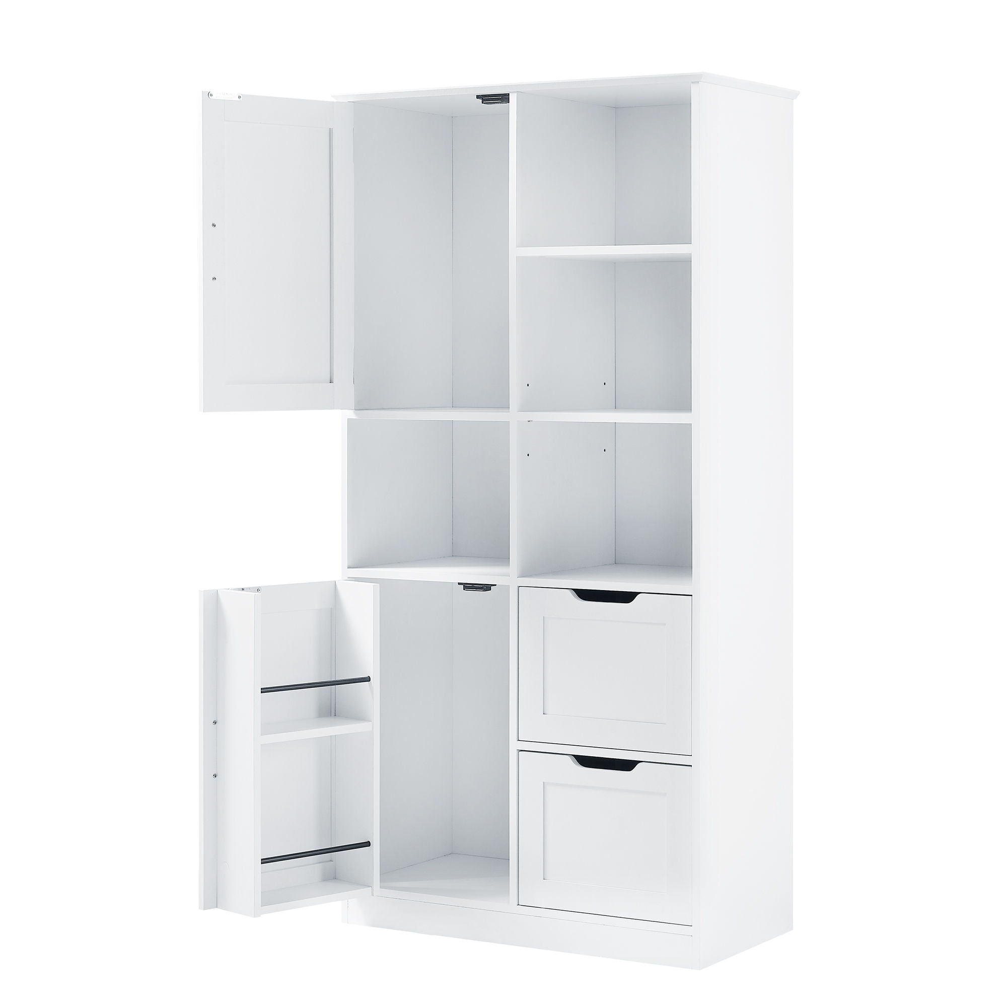 Freestanding Bathroom Storage Cabinet With Doors And Drawers, Adjustable Shelf, Open Shelves - White