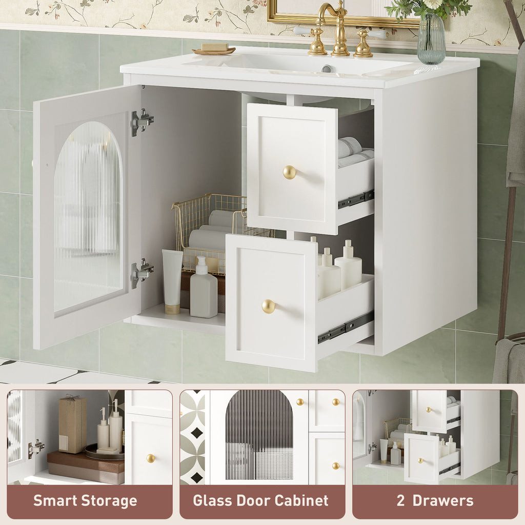 Wall-Mounted Bathroom Vanity Set With Sink, 2 Drawers And Soft-Close Door