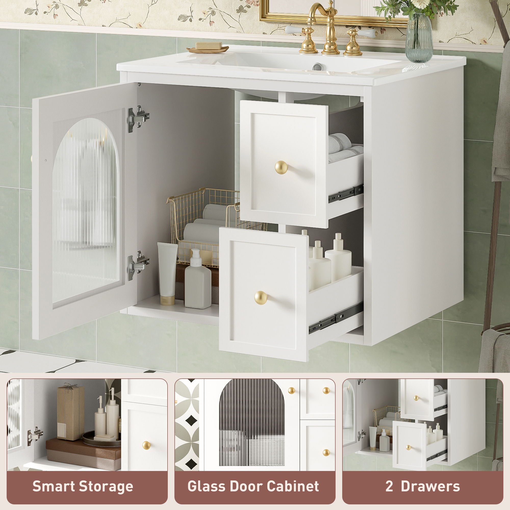 Wall-Mounted Bathroom Vanity Set With Sink, 2 Drawers And Soft-Close Door