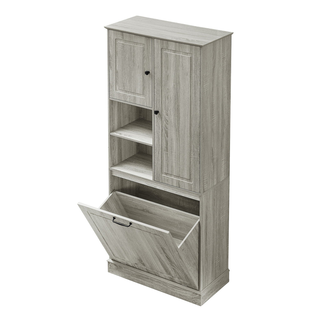 Modern Tall Storage Cabinet With Adjustable Shelves, Flip-Out Basket & Enclosed Doors
