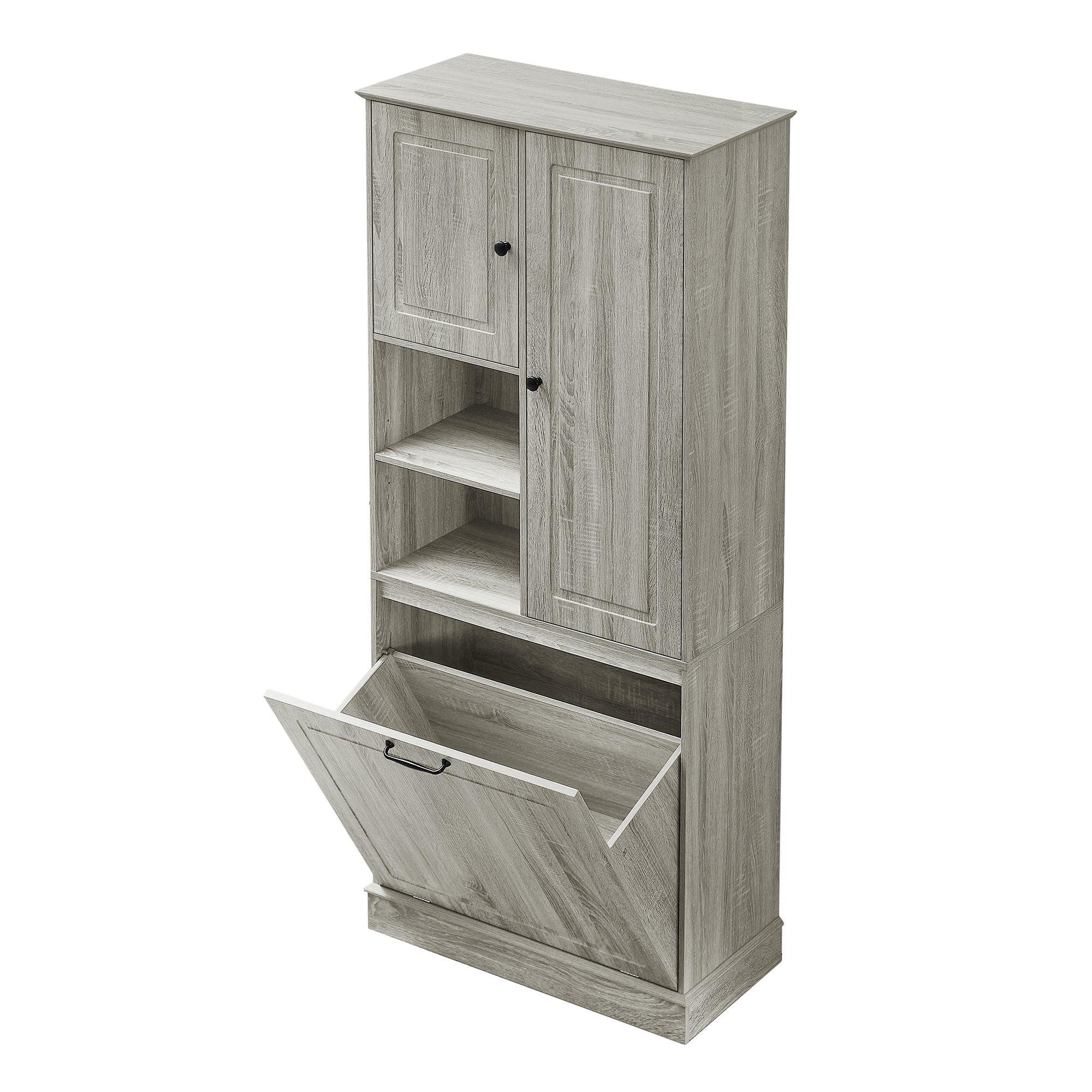 Modern Tall Storage Cabinet With Adjustable Shelves, Flip-Out Basket & Enclosed Doors