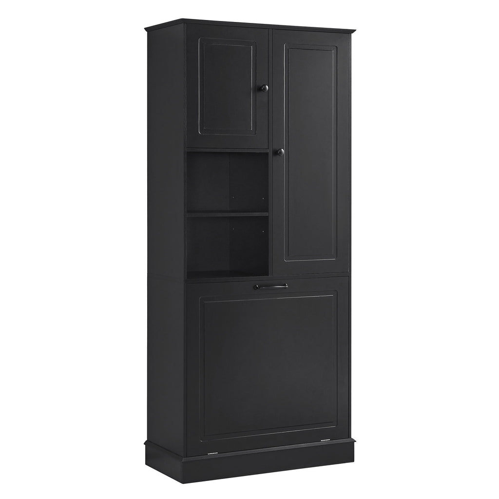 Modern Tall Storage Cabinet With Adjustable Shelves, Flip-Out Basket & Enclosed Doors