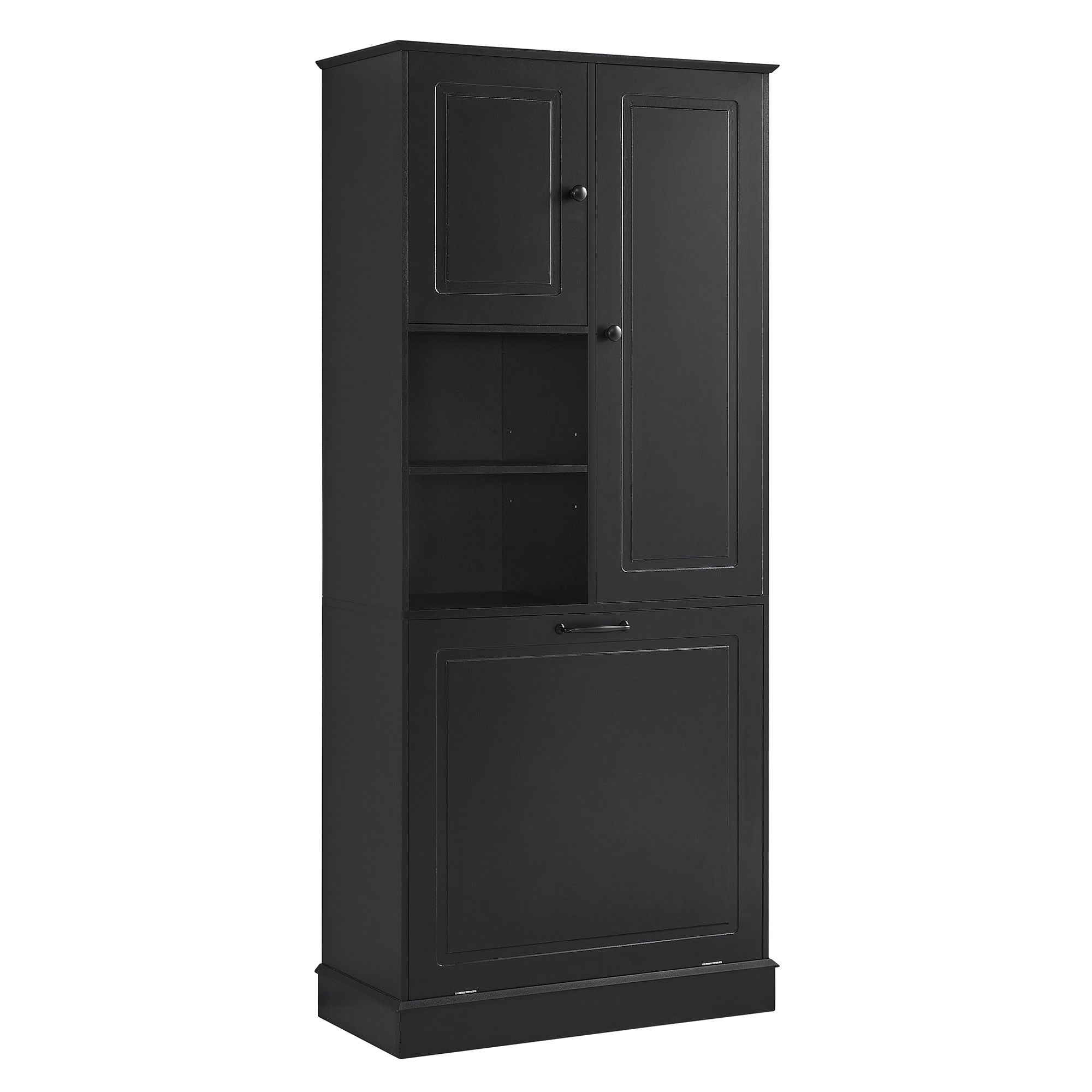 Modern Tall Storage Cabinet With Adjustable Shelves, Flip-Out Basket & Enclosed Doors