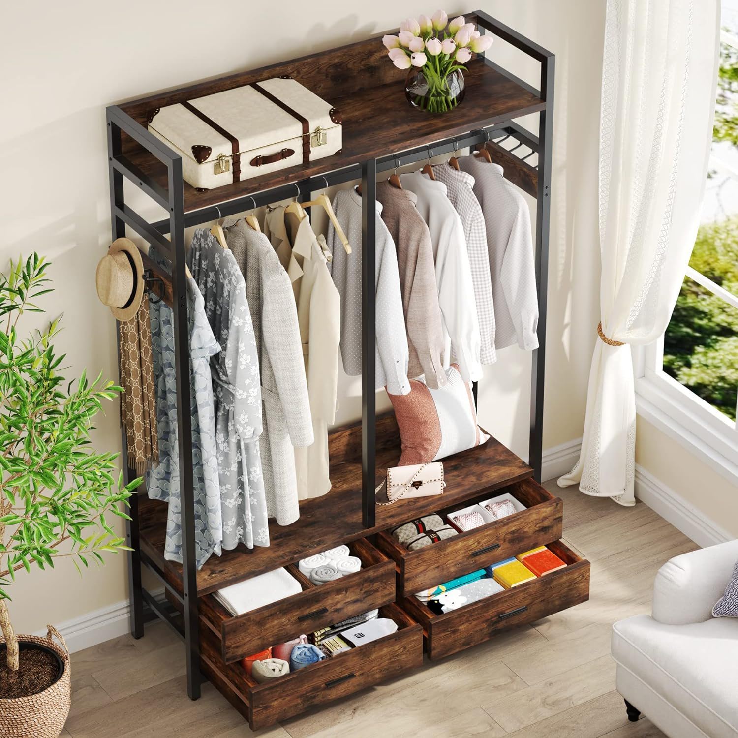 Freestanding Closet Organizer With 4 Drawers, 8 Hooks, Shelves, And Hanging Rod - Brown / Black