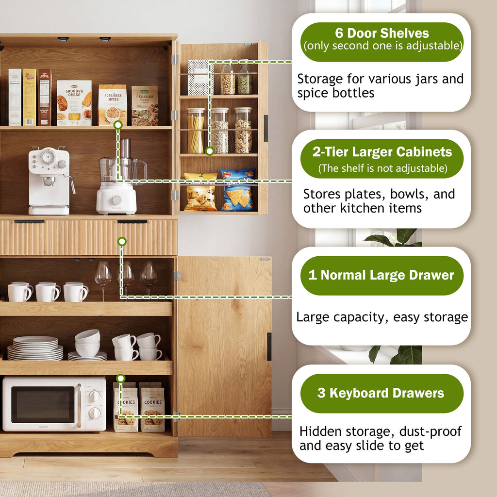 Fluted Kitchen Pantry Cabinet With 3 Keyboard Drawers & 6 Door Shelves Adjustable