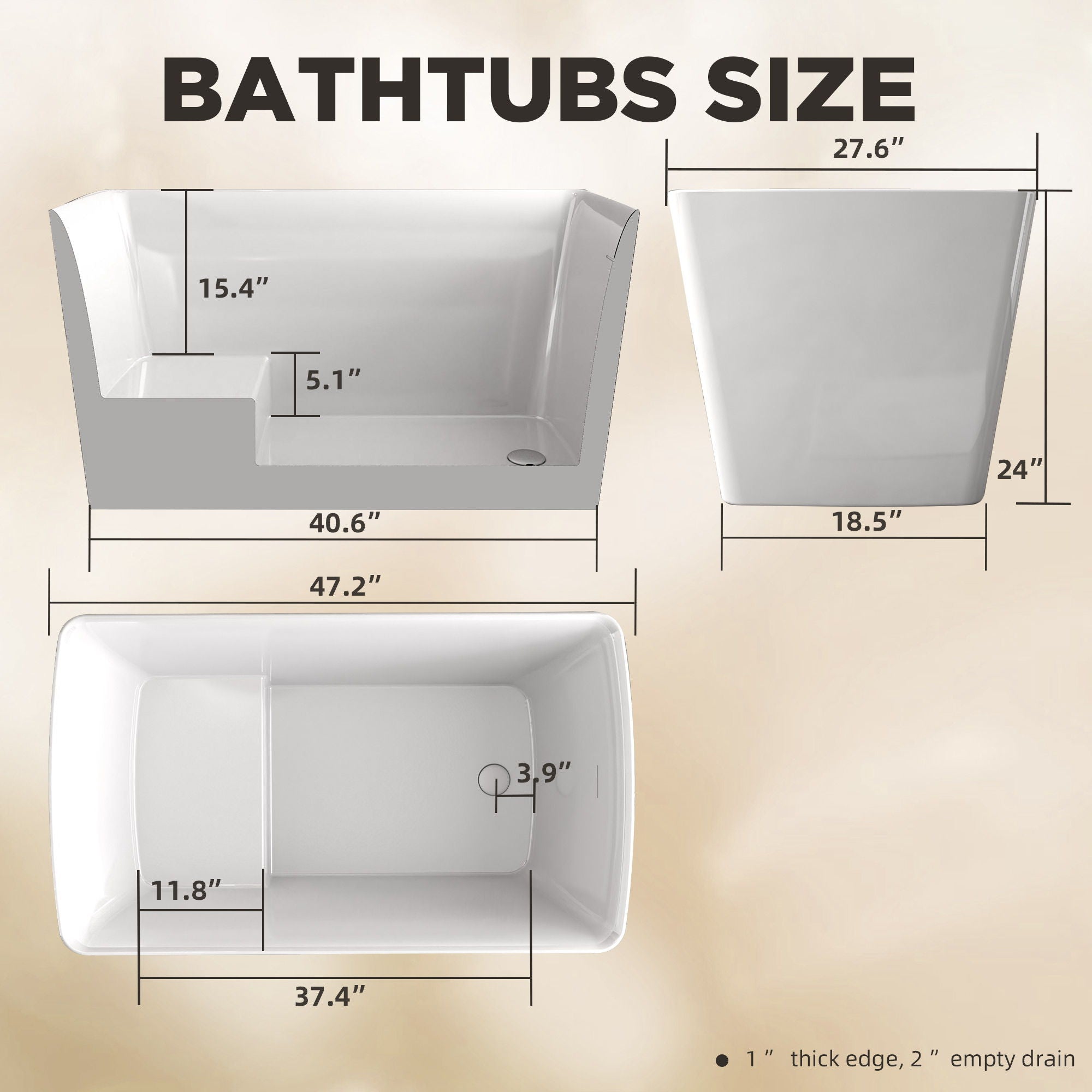 Freestanding Bathtub With Built In Seat, Rectangle Shape, Invisible Overflow & Pop Up Drain - Gloss White