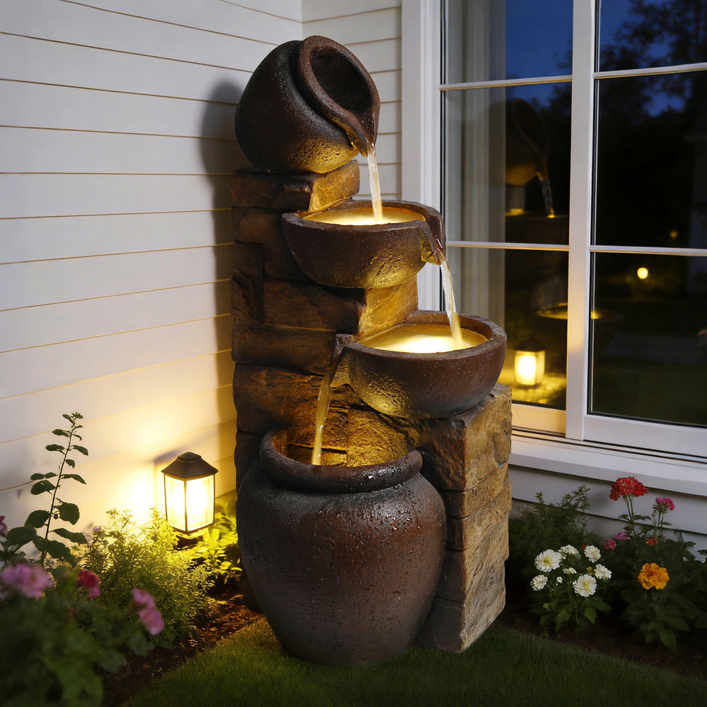 Tiered Outdoor Garden Water Fountain With Warm LED Lights - Brown