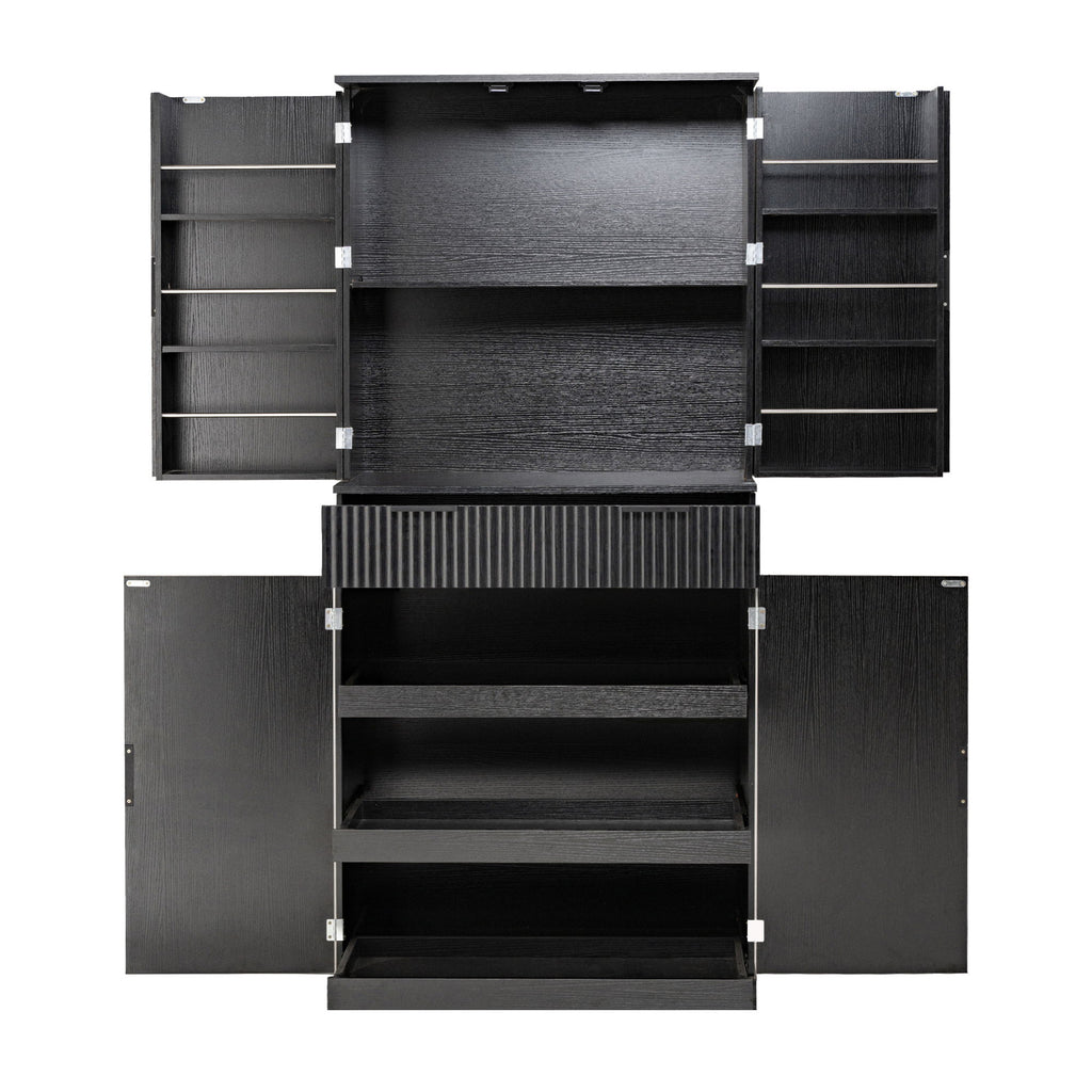 Fluted Kitchen Pantry Cabinet With 3 Keyboard Drawers & 6 Door Shelves Adjustable