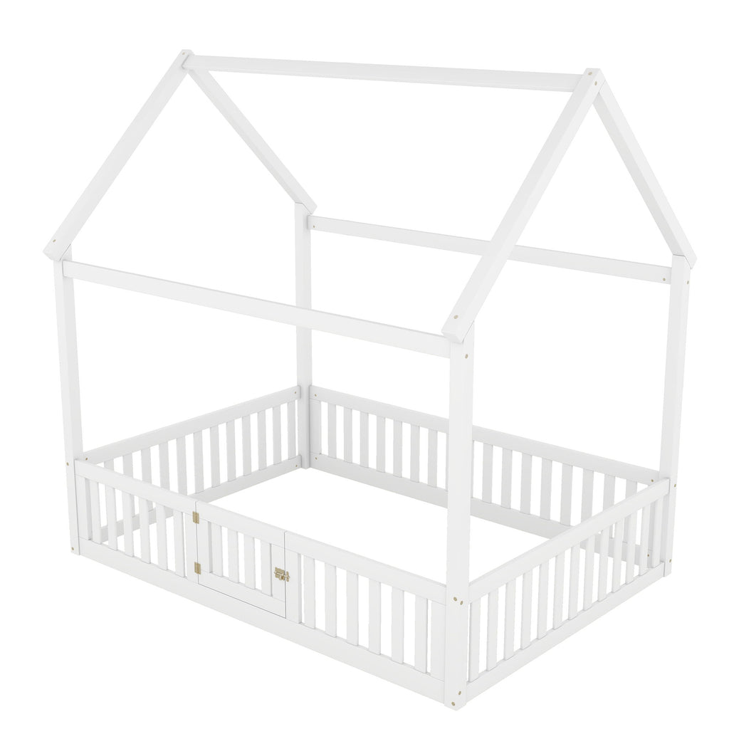 Wood House Bed With Fence And Door