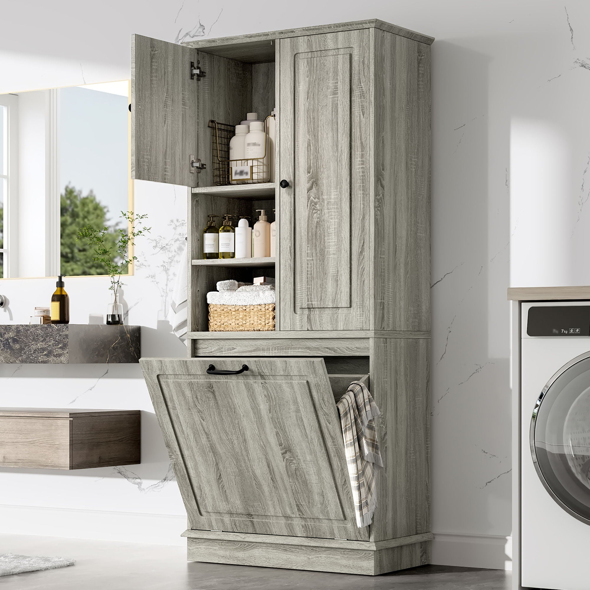 Modern Tall Storage Cabinet With Adjustable Shelves, Flip-Out Basket & Enclosed Doors