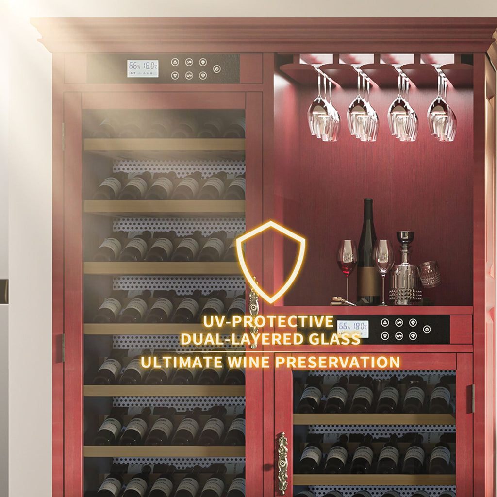 Wine Cooler With Dual Zone Temperature Control, Vacuum Insulated Door, LED Lighting, 158 Bottle Capacity - Cherry