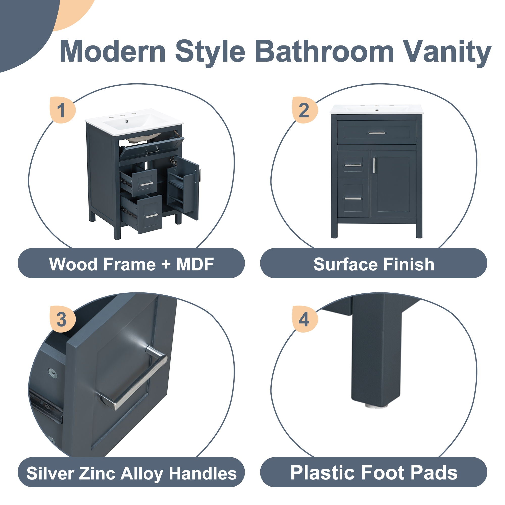 Modern Bathroom Vanity With Sink, Flip Drawer & 2 Drawers, Soft Close Hinges, Adjustable Shelf
