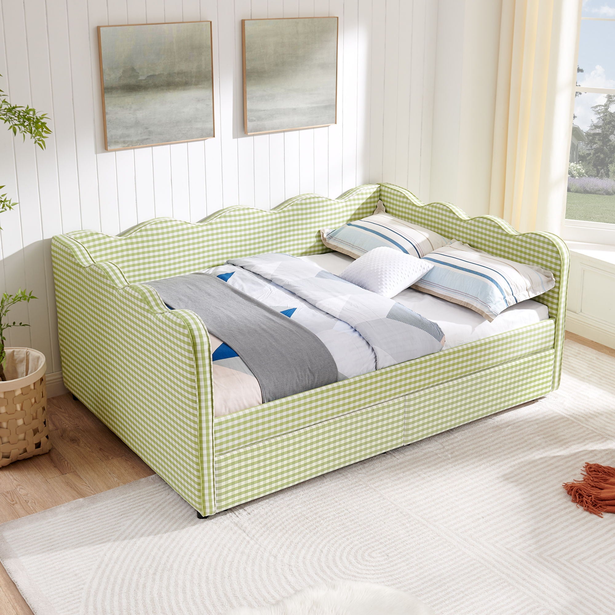 Gingham Daybed & USB Charging Port, Wave-Shaped Design