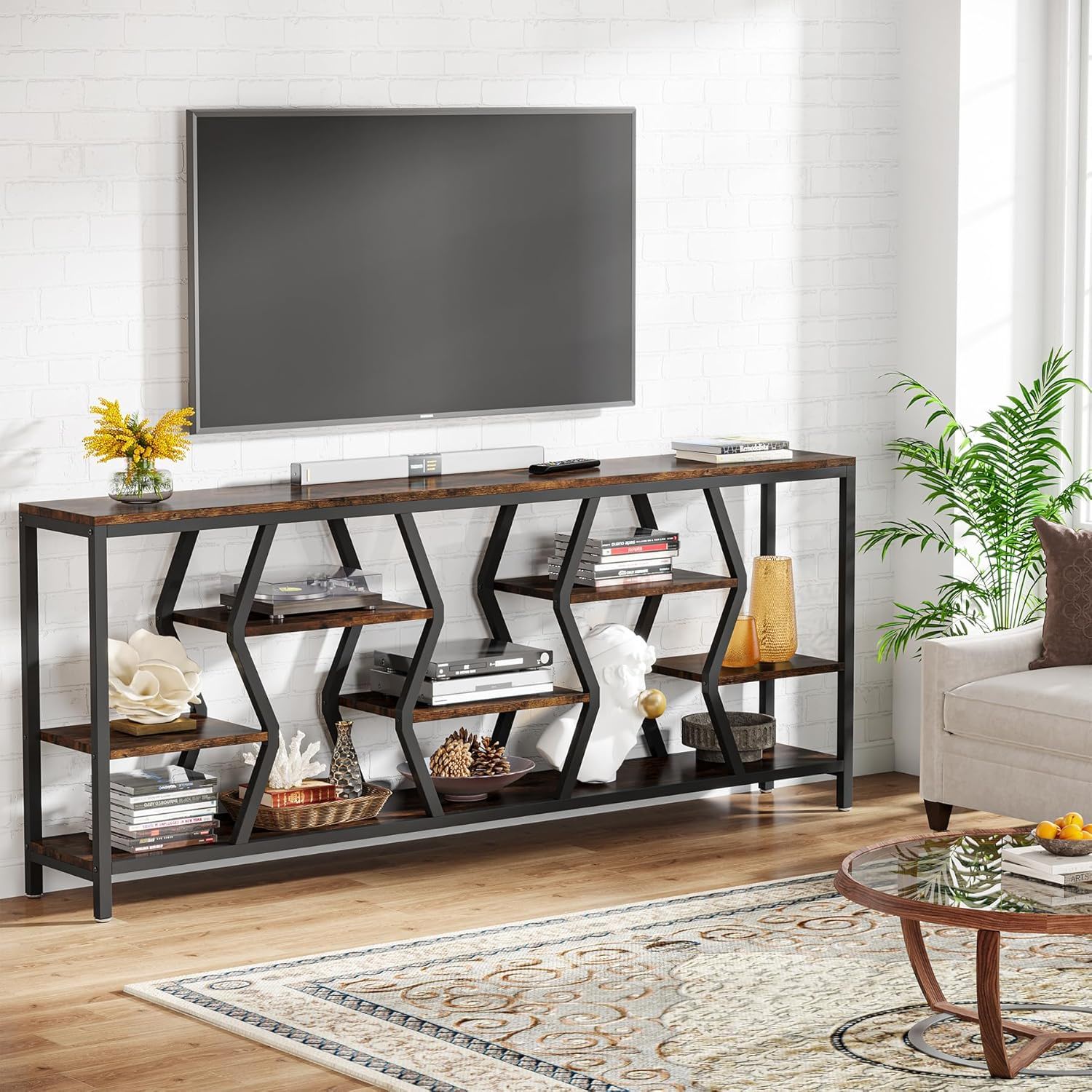 Tribesigns - Extra Long Narrow Sofa Console Table With 4 Tier Storage Shelves - Rustic Brown