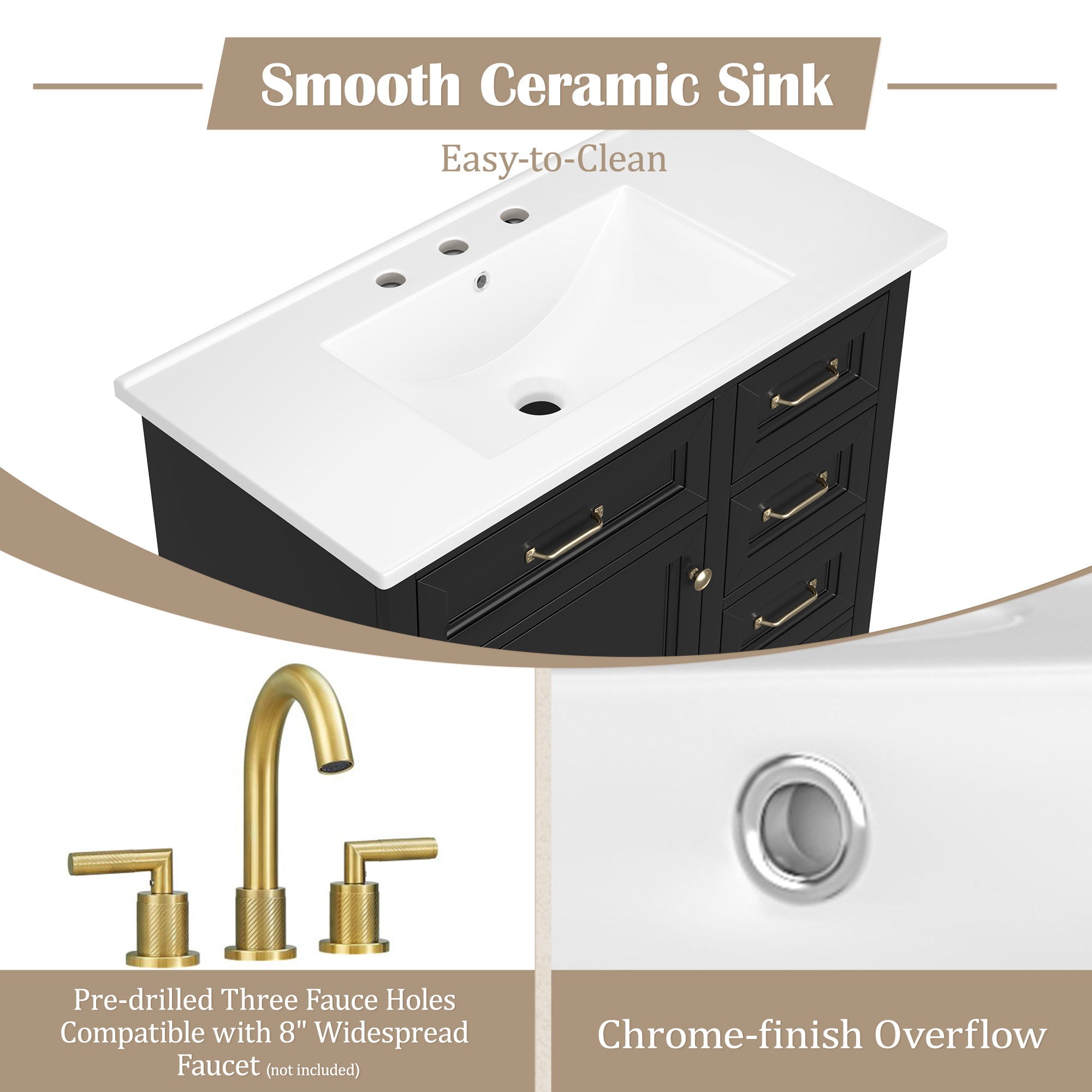36" Bathroom Vanity With Sink, 2 Tip Out Drawers, Soft Close Hinges