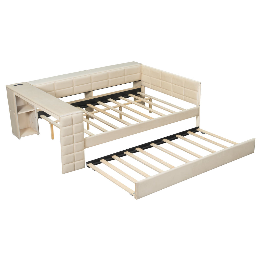 Upholstered Platform Bed With Storage Shelves, Desk, Charging Station And Trundle