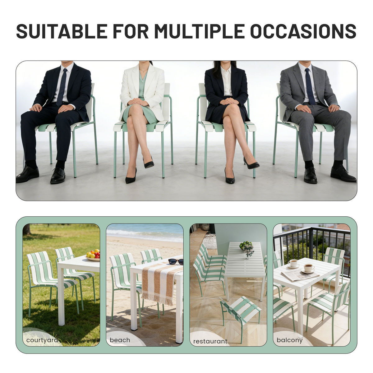 4 Piece Set Of Color Block Designed Single Chairs, Folding Square Table - Haze Green / Khaki / White