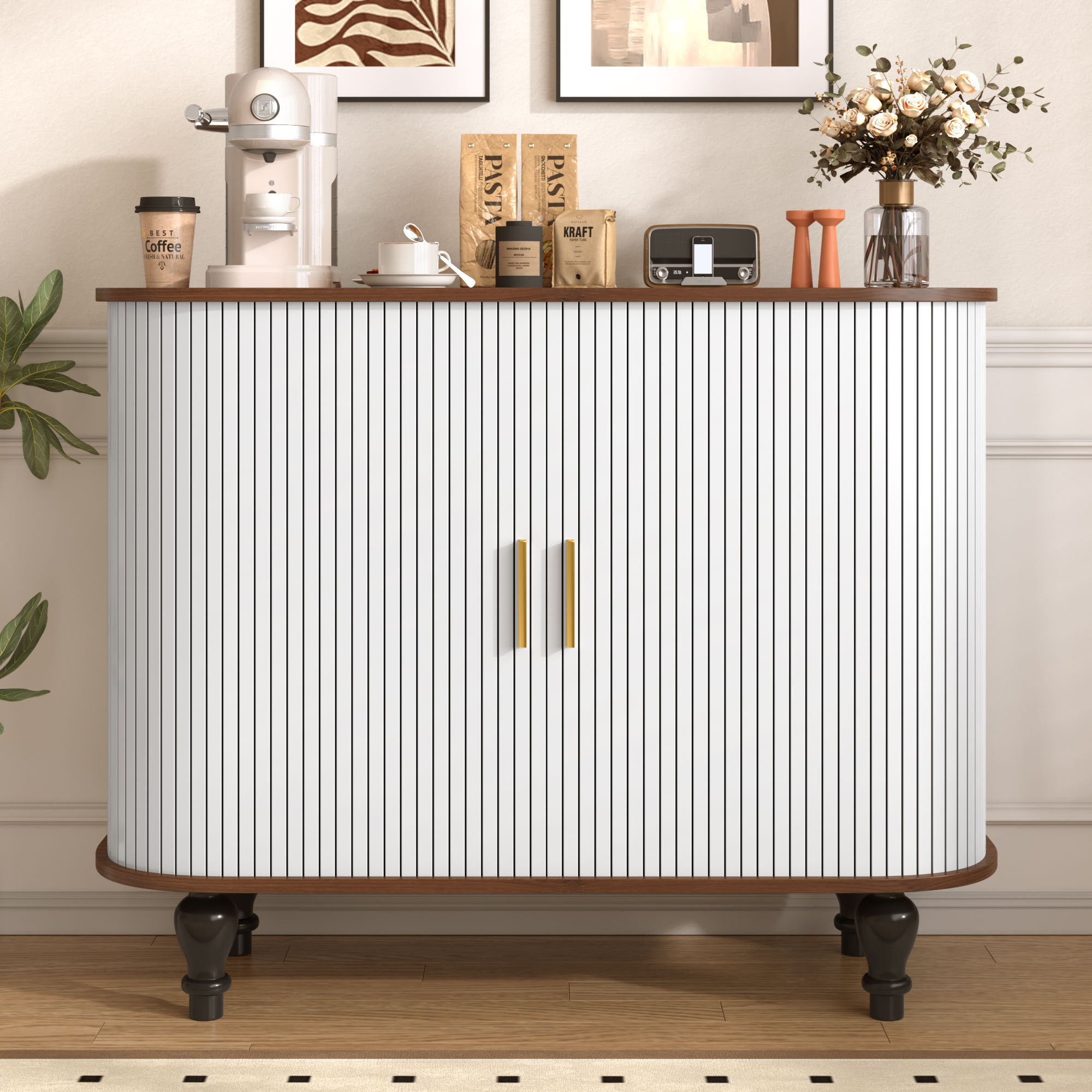 Fluted Liquor & Coffee Bar Cabinet With 6 Wine Racks And 3 Glass Holders