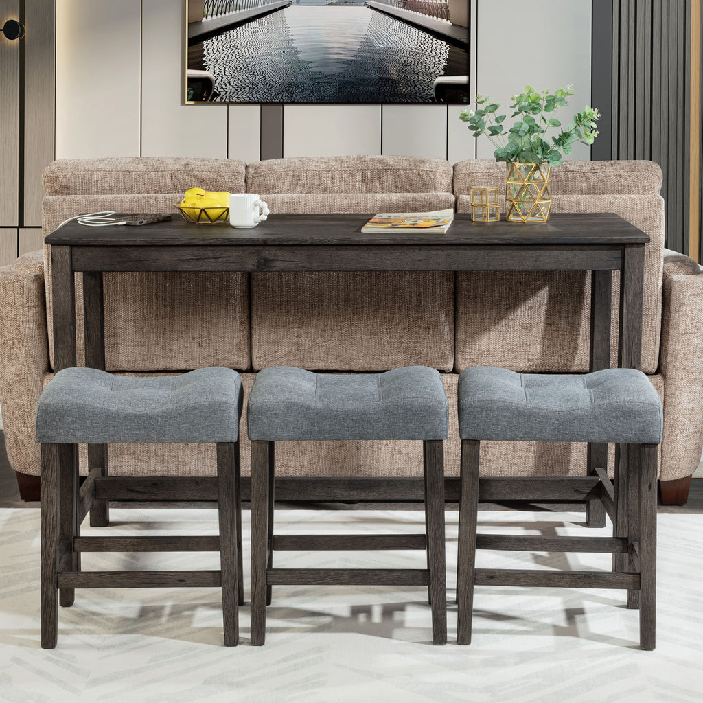 4 Piece Bar Table Set With Power Outlet, 3 Padded Stools