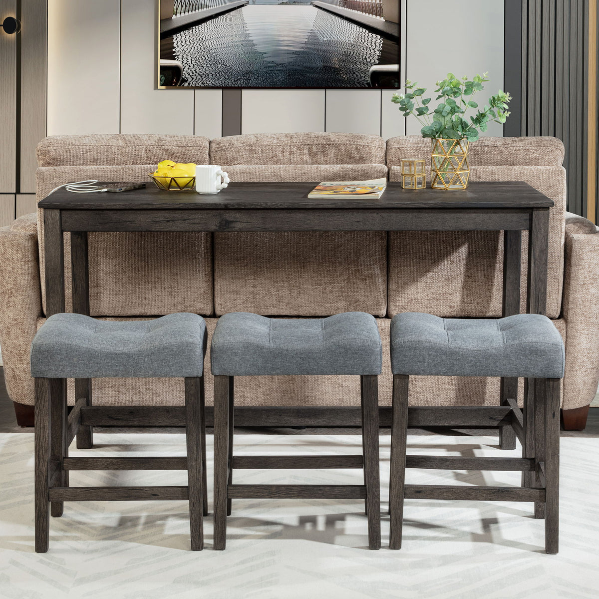 4 Piece Bar Table Set With Power Outlet, 3 Padded Stools
