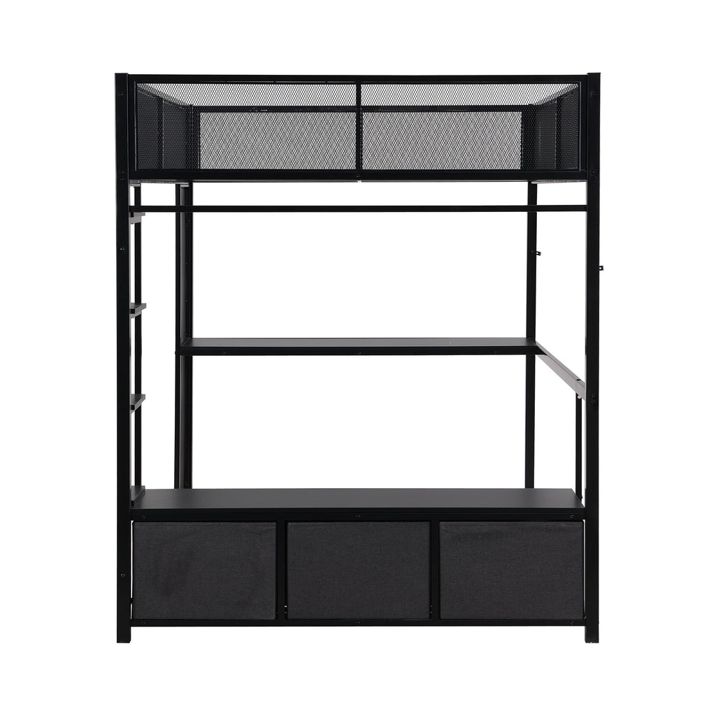 Full Size Gaming Loft Bed With LED Desk, Open Wardrobe, 3 Linen Storage Drawers - Black