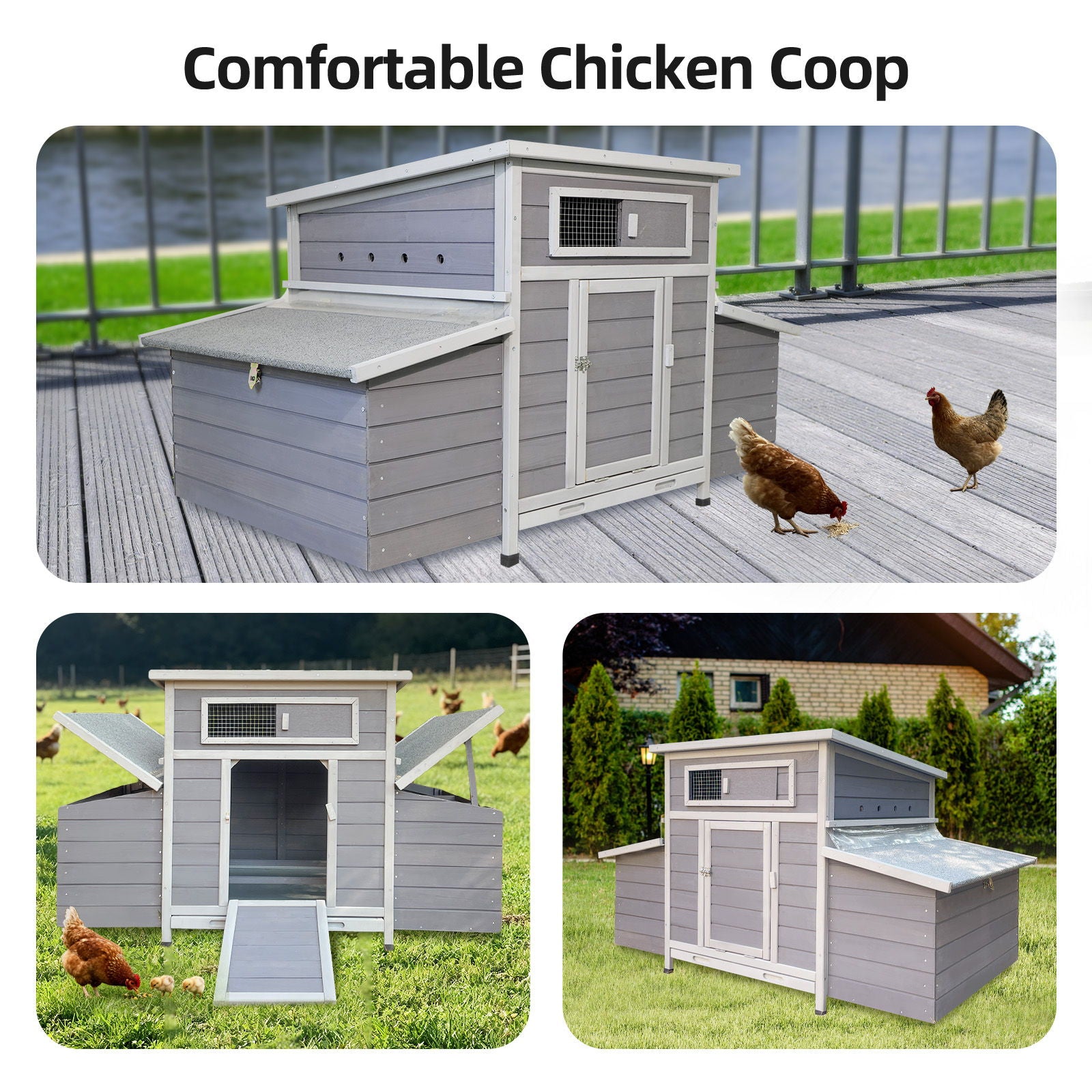 Chicken Coop, Large Outdoor Hen House With Run And Nesting Box Poultry Cage, Rabbit Hutch - Gray