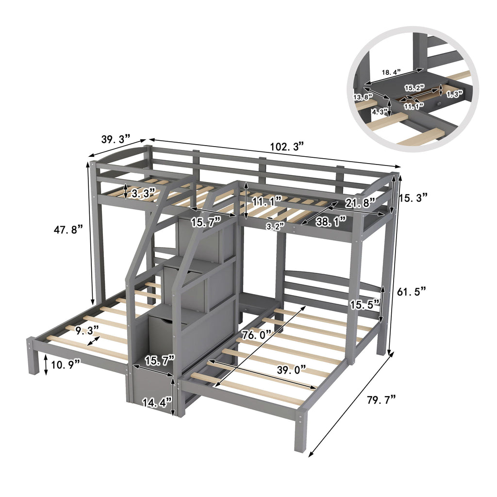 Twin Over Twin & Twin Bunk Bed With Built In Staircase And Storage Drawer - Gray