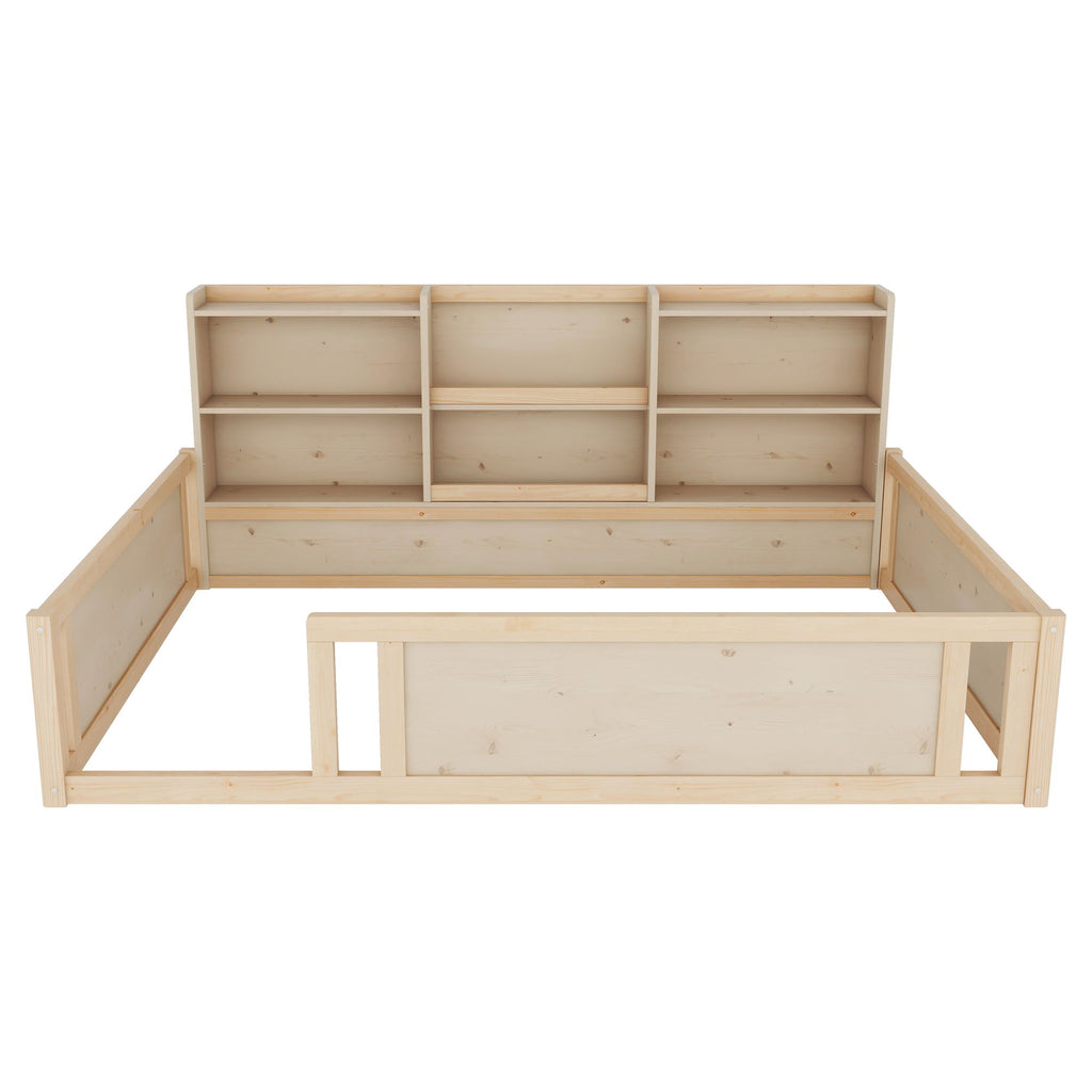 Platform Floor Bed With Guardrail Fence And Side Storage Shelves
