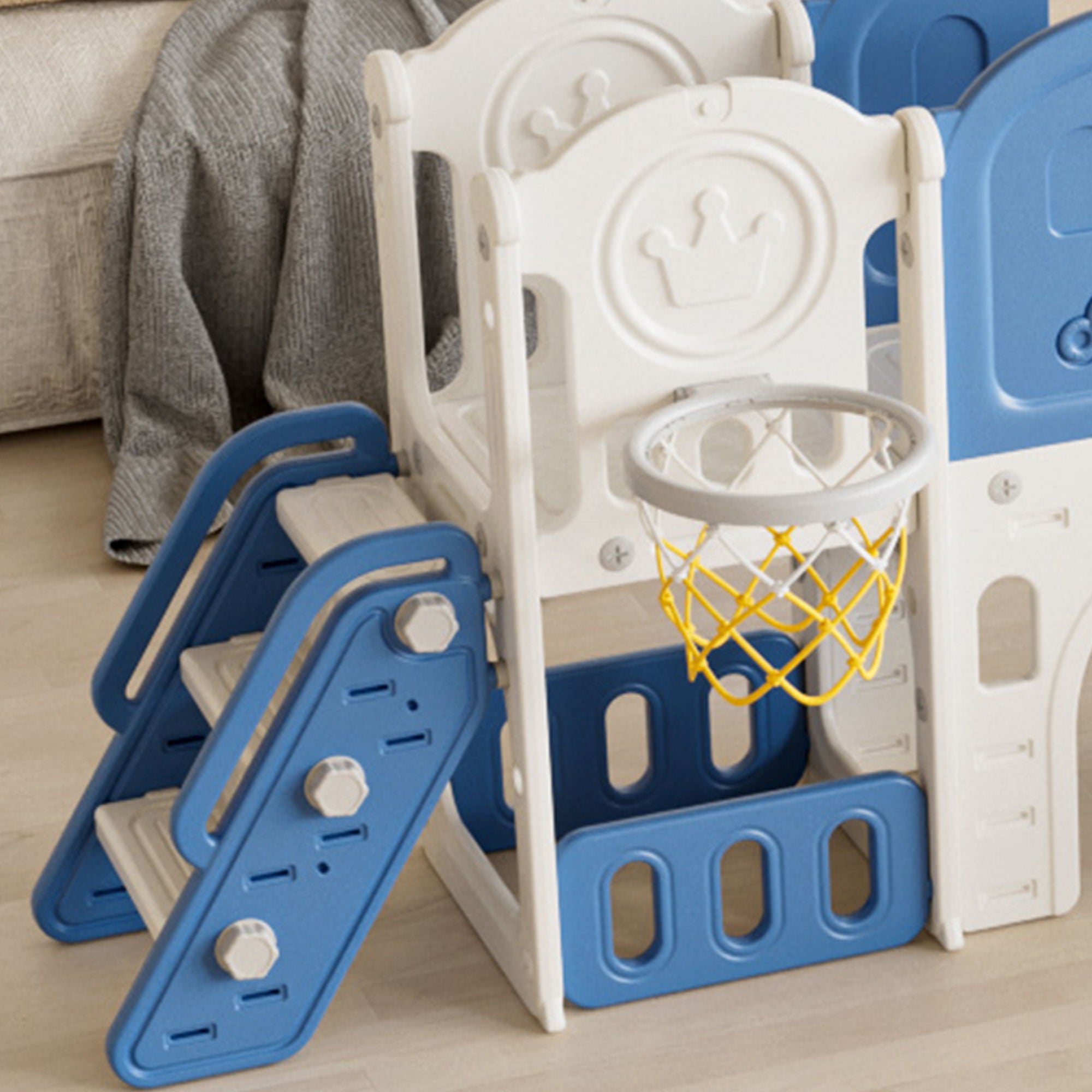 Oddler Slide Kids Slide For Toddlers, Playground With Basketball Hoop, Extra Long Aisle, Strong Swing - Blue / Yellow