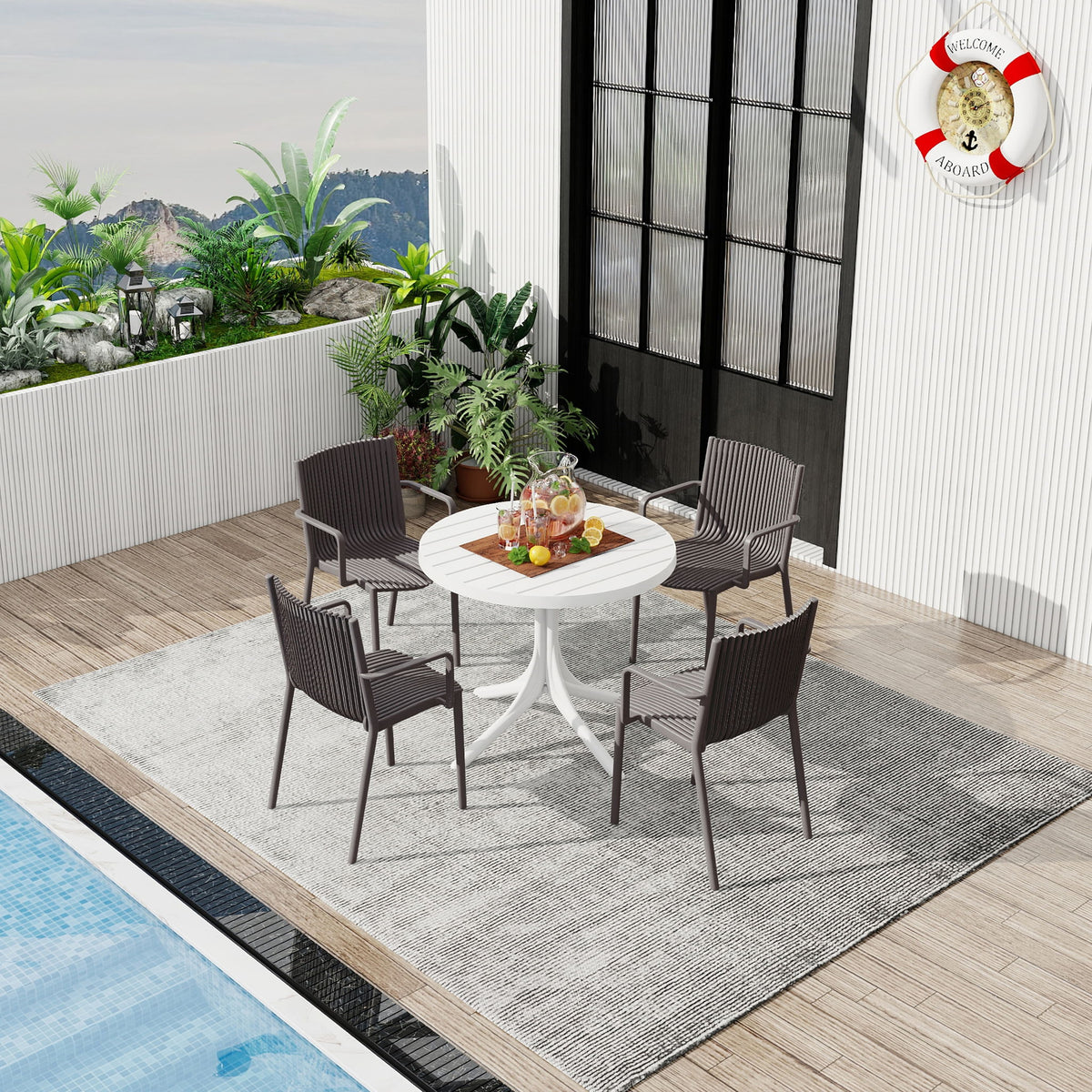 4 Piece Stackable Single Chairs With Vertical Stripe Design For All Weather