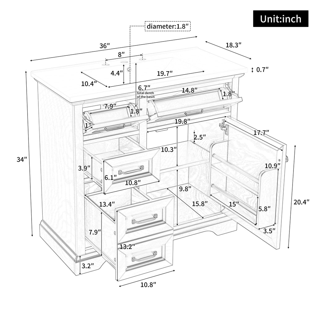 Modern Bathroom Vanity With Sink Top, 4 Drawers And 1 Soft-Close Door