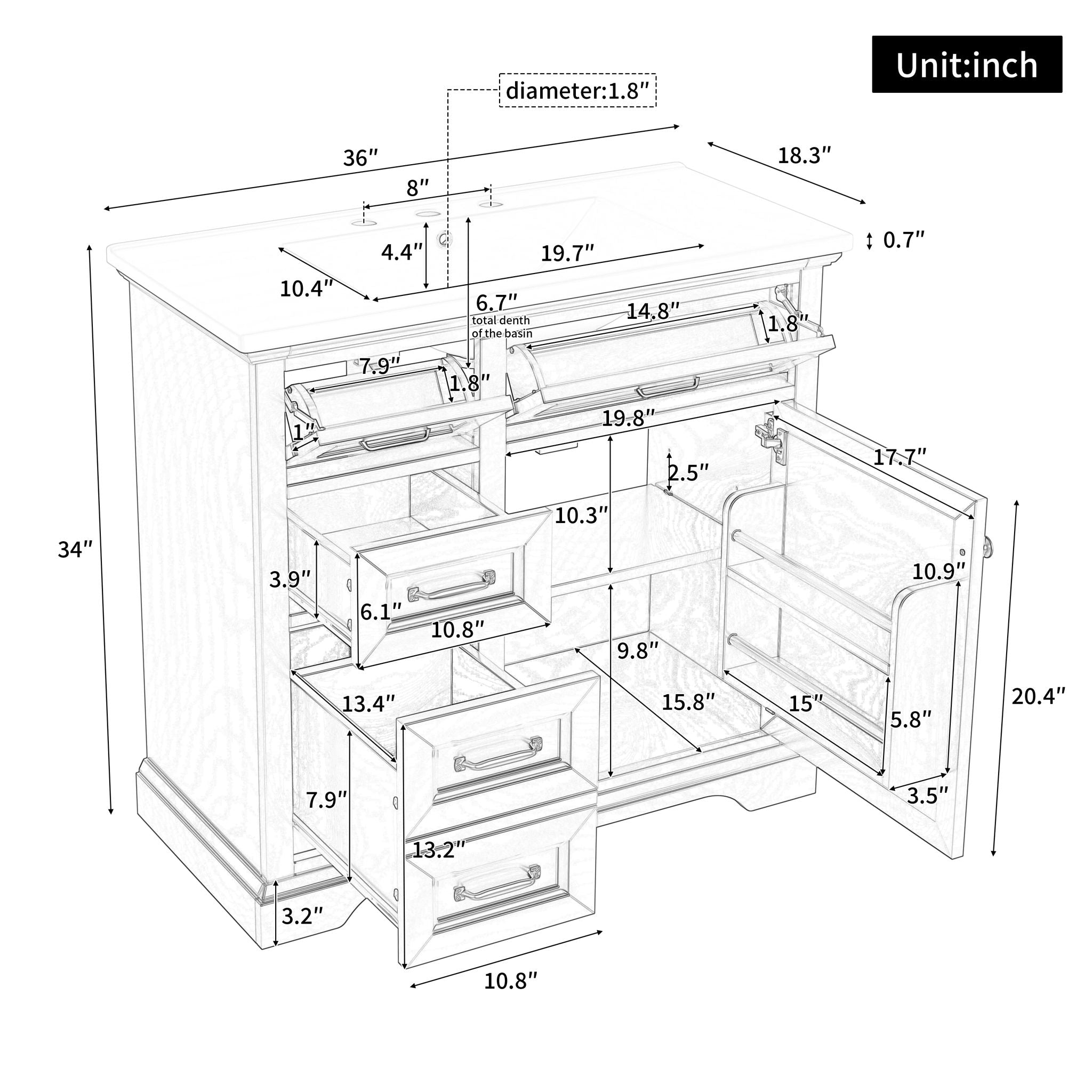 Modern Bathroom Vanity With Sink Top, 4 Drawers And 1 Soft-Close Door