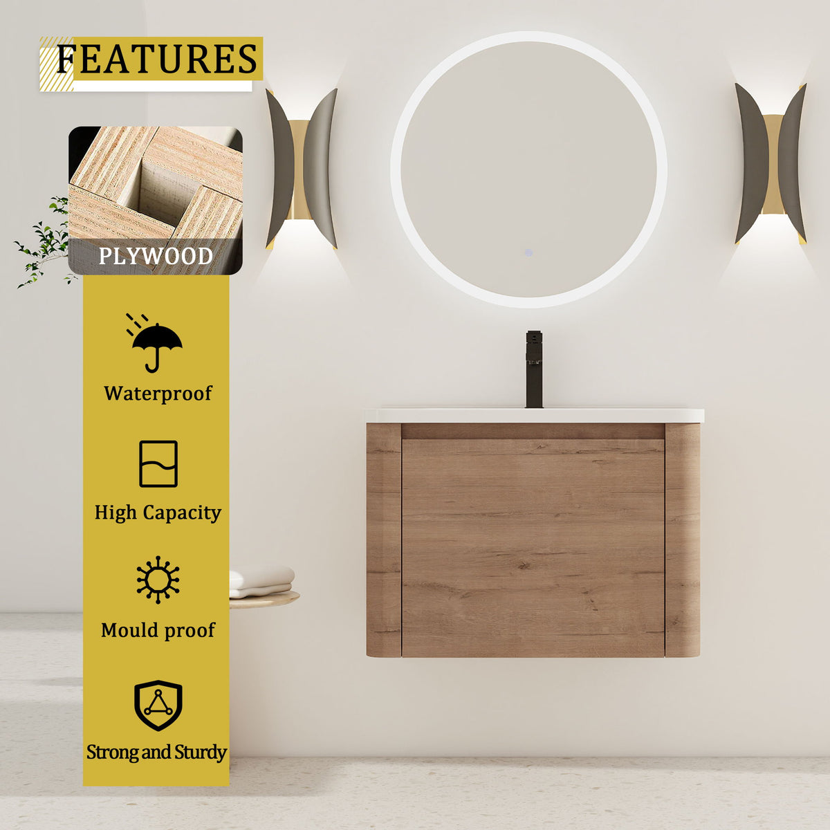 Wall Mounted Bathroom Vanity With Sink, Storage Shelves & Soft Close Door