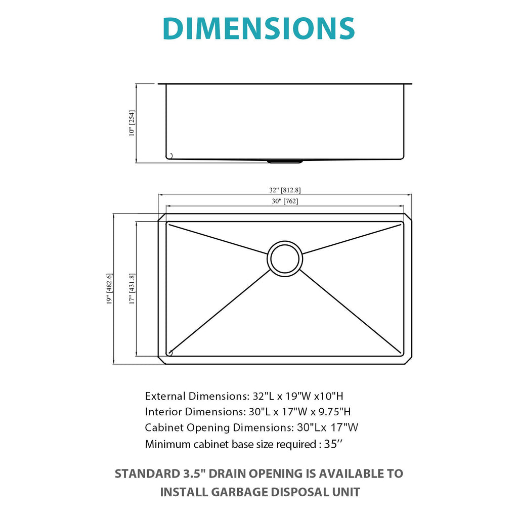 Finish Undermount Stainless Steel Kitchen Sink 32" X 19" 16 Gauge Deep Single Bowl