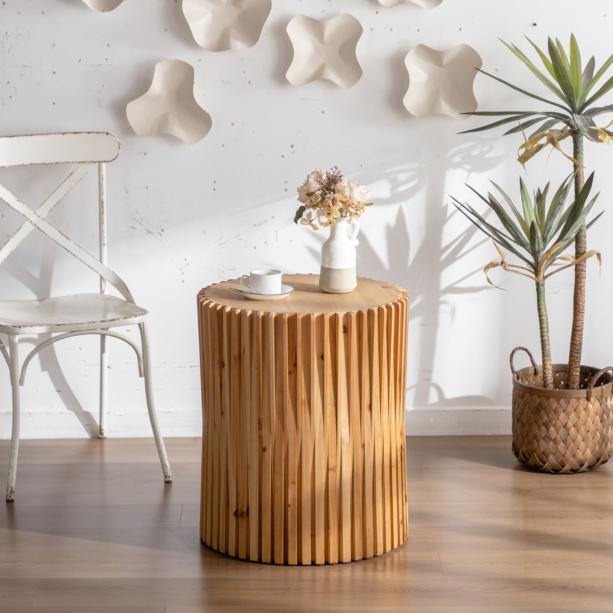 Cylindrical Side Table With Vertical Texture Relief Design - Natural