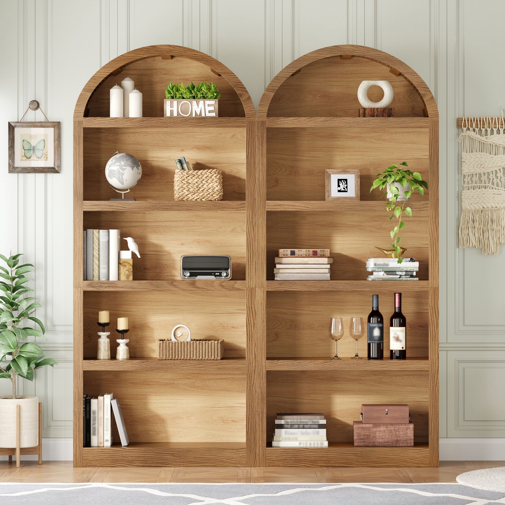 Freestanding Tall 5 Tier Display Bookcase For Living Room (Set of 2) - Brown