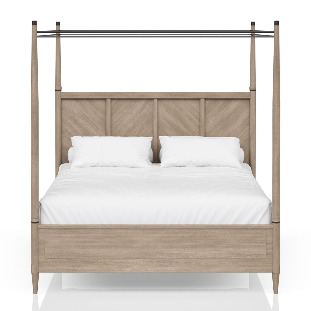 Queen Canopy Bedroom Set With A 2 Drawer Nightstand A Dresser With Poster Mirror And A Door Chest - Sand
