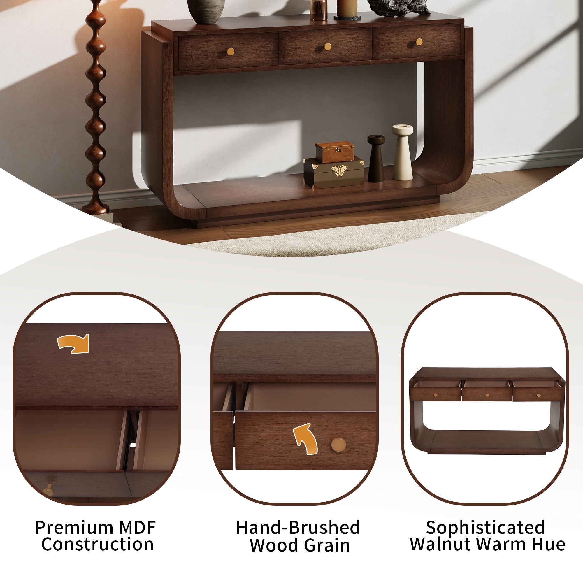 Console Table With 3 Drawers, Display Shelf