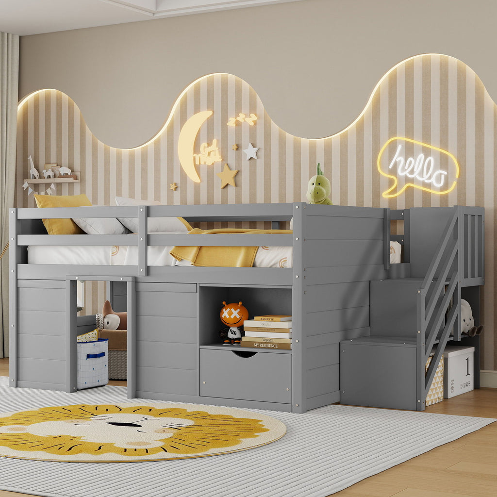 Low Loft Bed Frame With Built In Stairs, Storage Drawer, Shelf And 7 Color LED Light