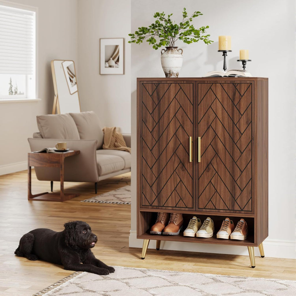 6 Tier Wooden Entryway Shoe Cabinet, Wide Storage Unit For 24 Pairs Of Shoes - Walnut