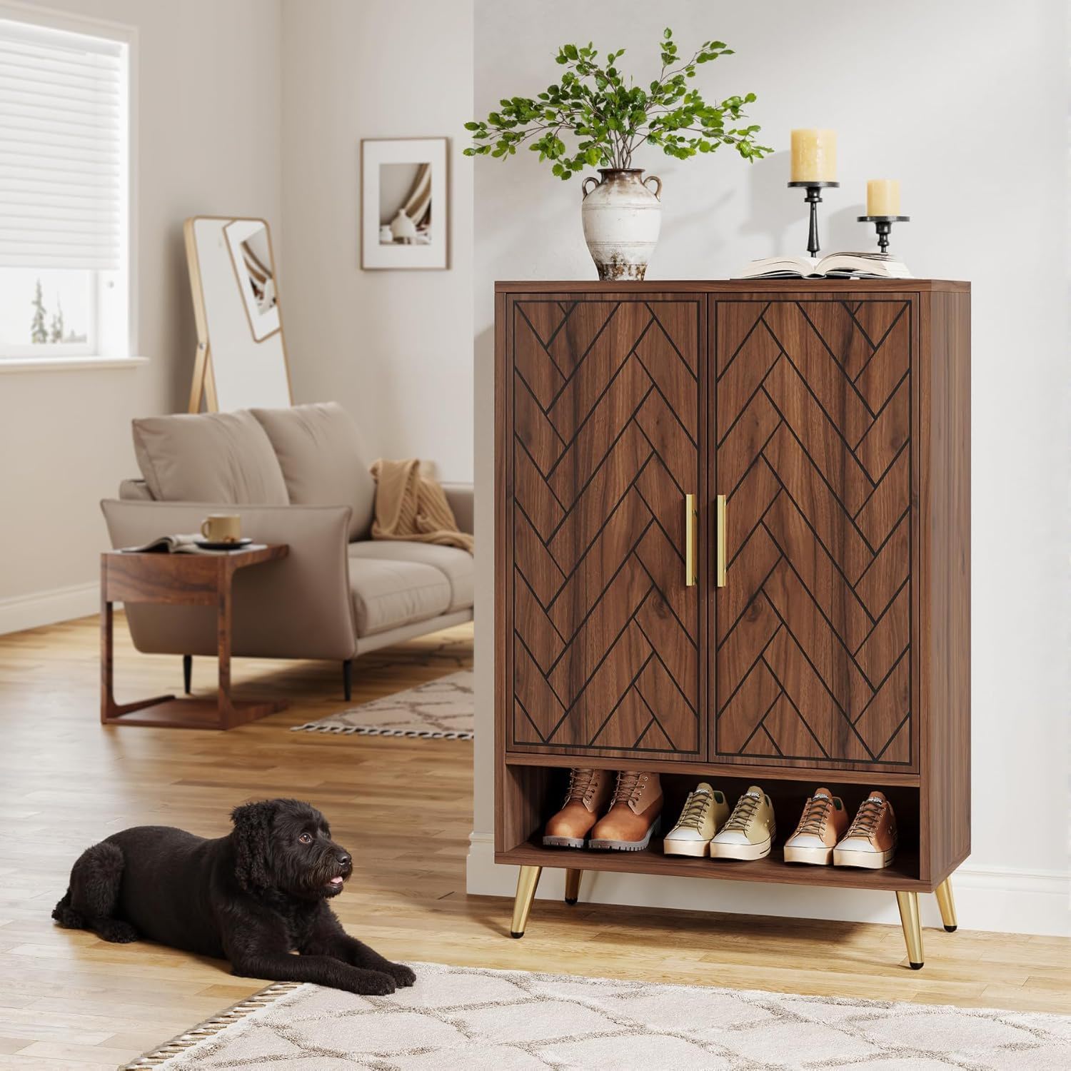 6 Tier Wooden Entryway Shoe Cabinet, Wide Storage Unit For 24 Pairs Of Shoes - Walnut