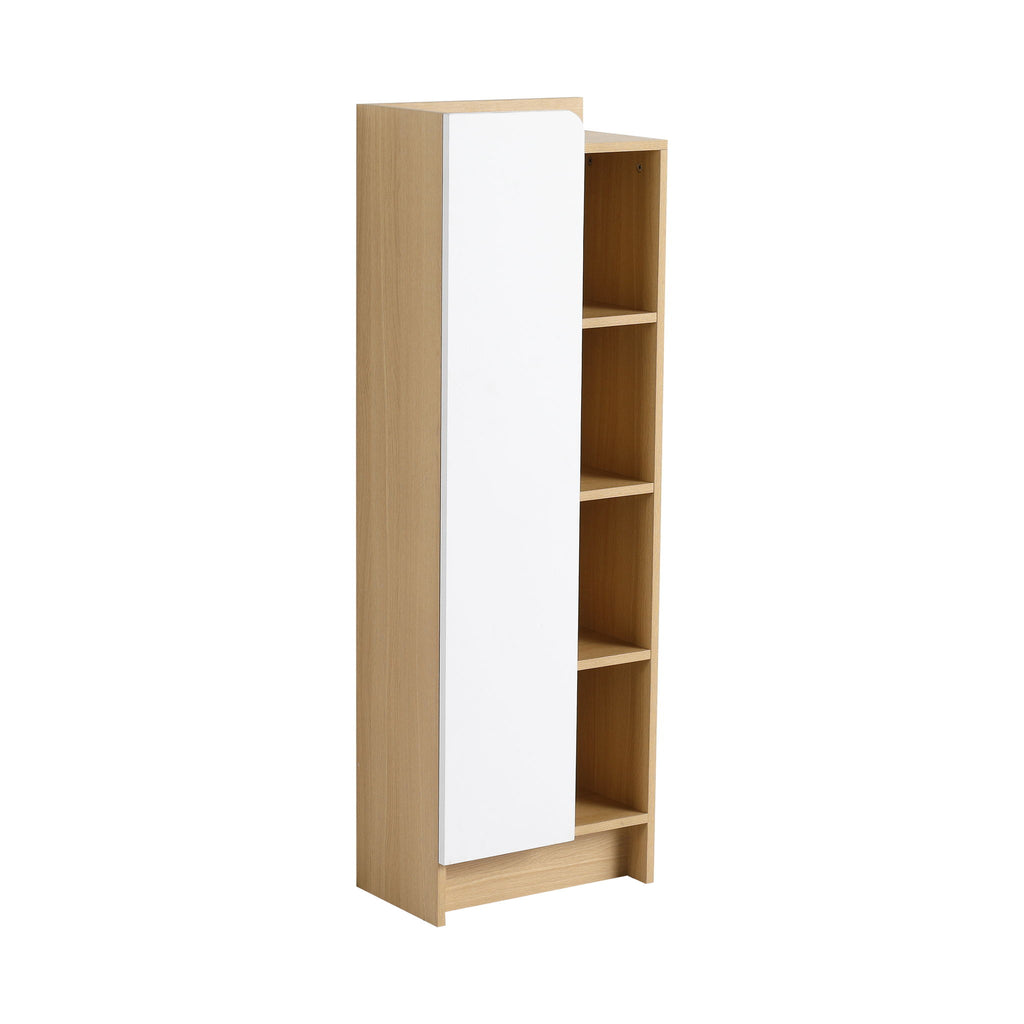 Tall Freestanding Bathroom Side Cabinet With Single Door & 4 Tier Open Shelves - Black / Light Oak / White