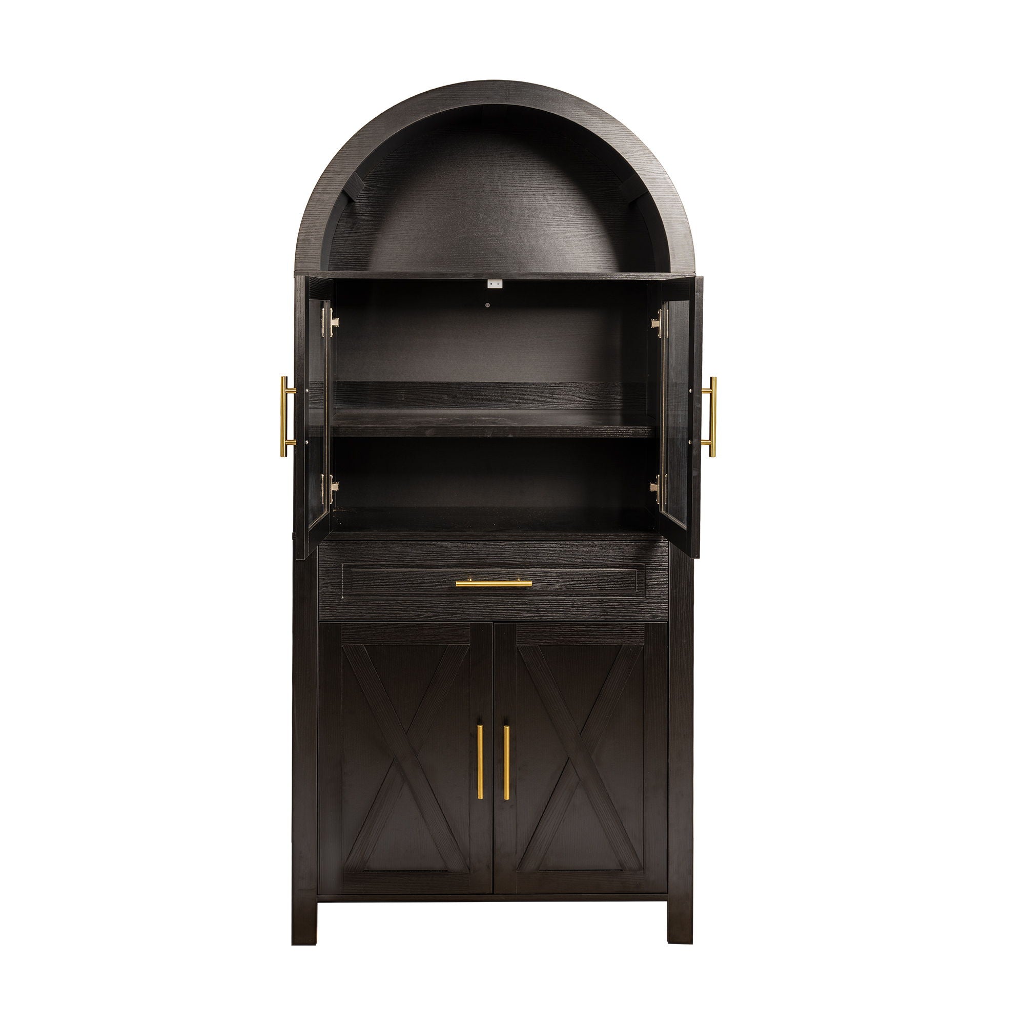 Arched Kitchen Pantry Cabinet With Adjustable Shelves And Barn Door Design