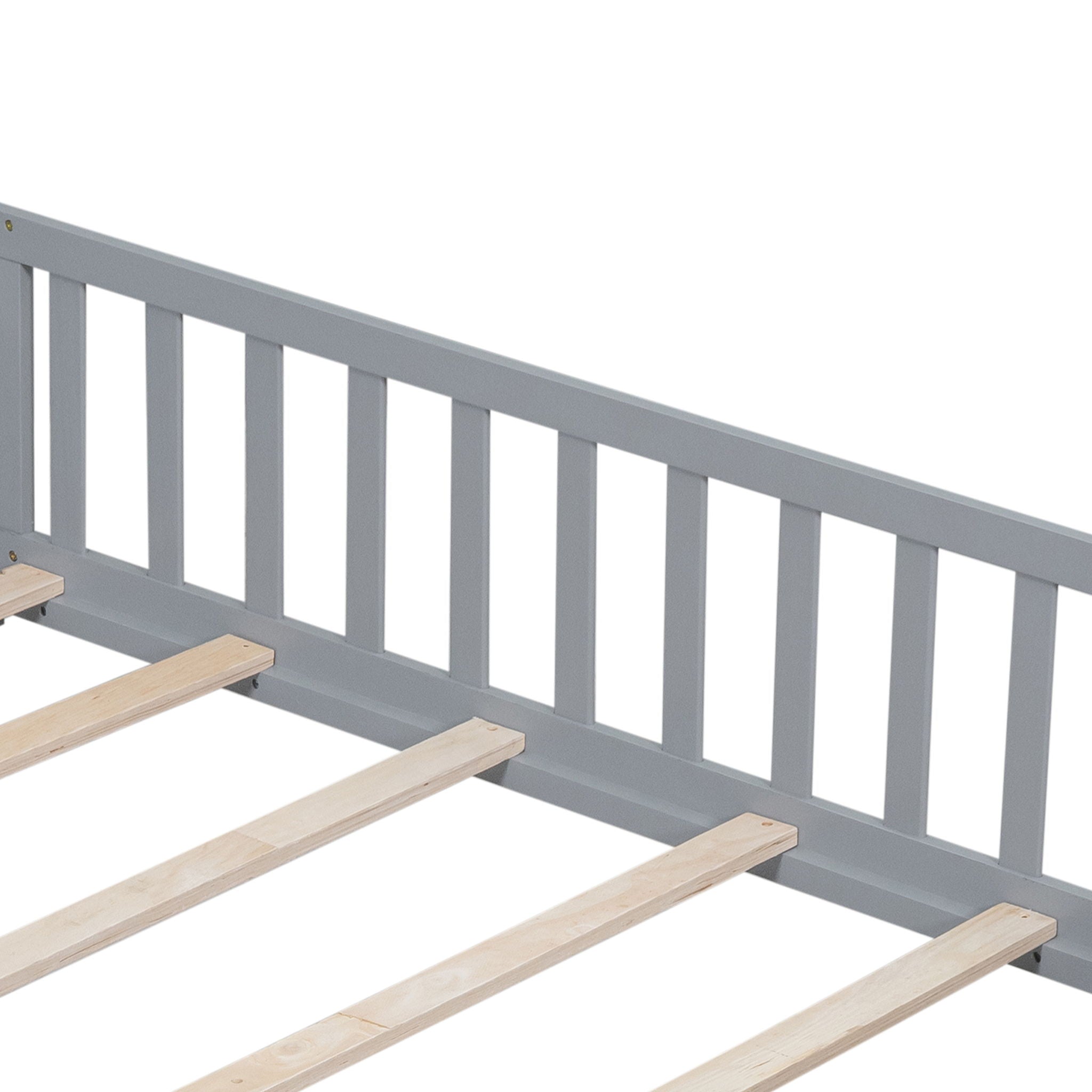 Montessori - Full Size Wooden Floor Platform Bed With Fence And Door, Montessori Floor Bed Frame With Support Slats For Toddlers - Gray