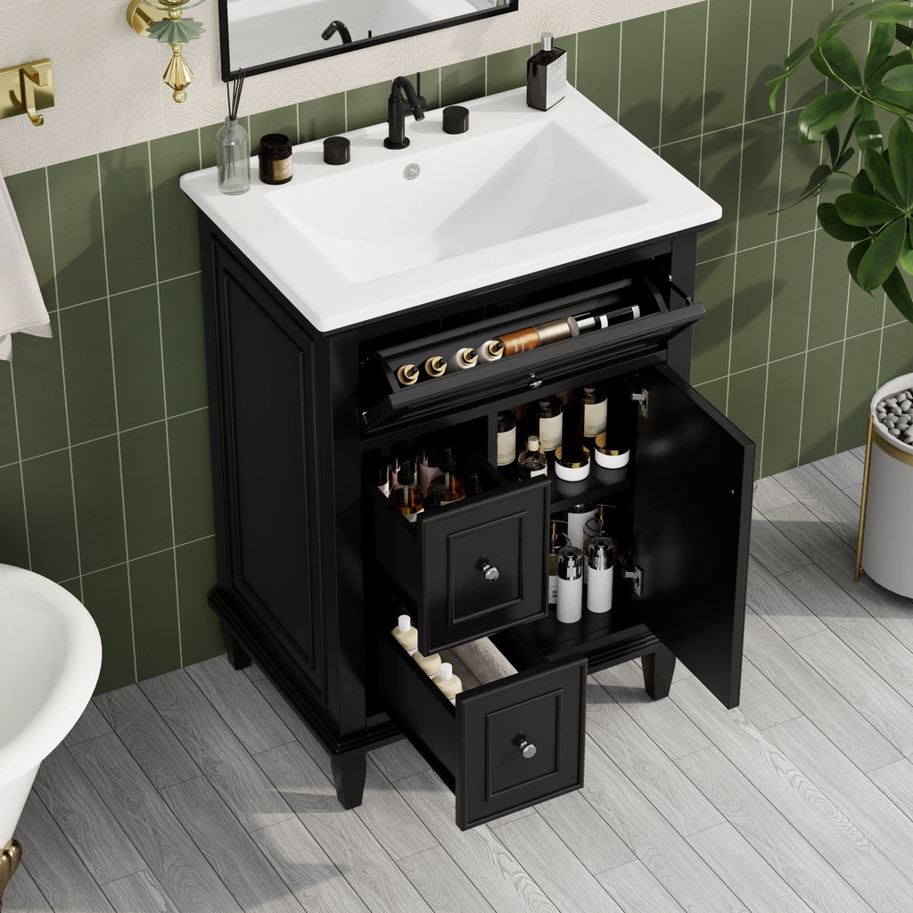 24" Bathroom Vanity With Sink, Cabinet, Adjustable Shelf, Flip Drawer & 2 Drawers - Black