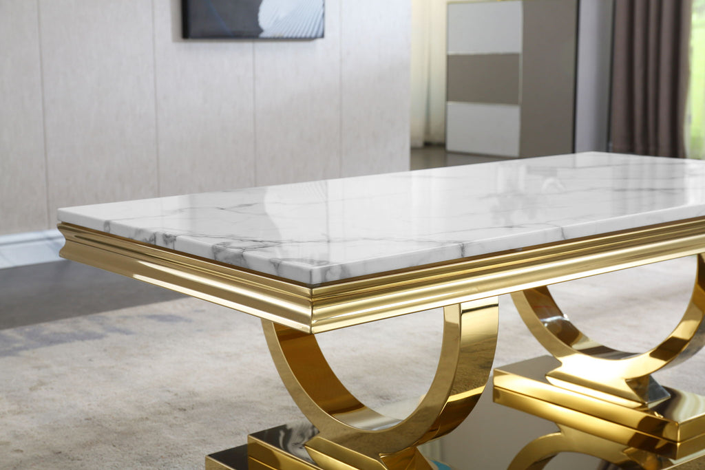Modern Rectangular Marble Printing Coffee Table, U-Shape Stainless Steel Base With Mirrored Finish