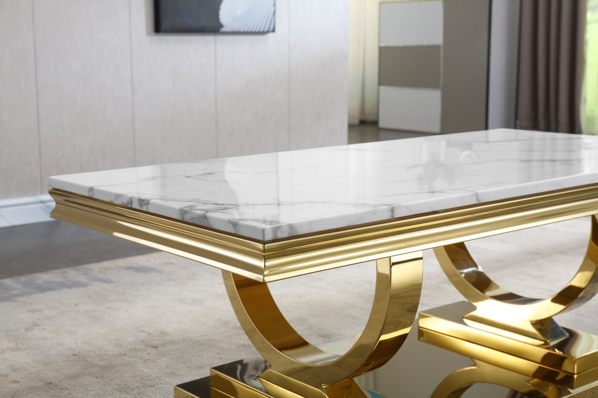 Modern Rectangular Marble Printing Coffee Table, U-Shape Stainless Steel Base With Mirrored Finish